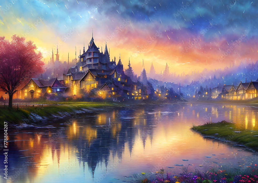 Medieval fantasy fairytale town houses and river, Generative AI
