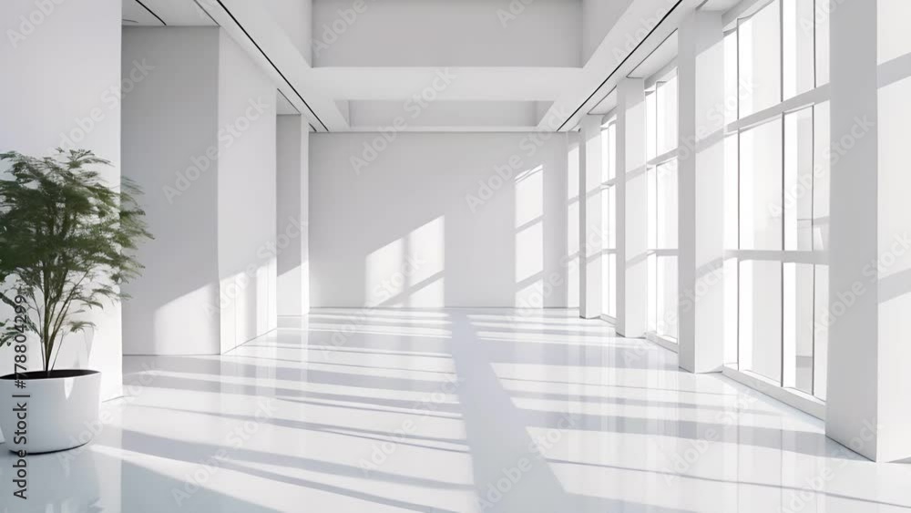 Front perspective of white minimalist office, sunlight creating gentle shadows Front perspective of white minimalist office, sunlight creating gentle shadows