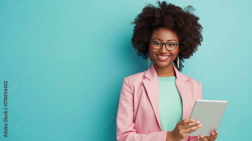 A model in professional work attire with a pastel blue background holding a tablet A model in professional work attire with a pastel blue background holding a tablet