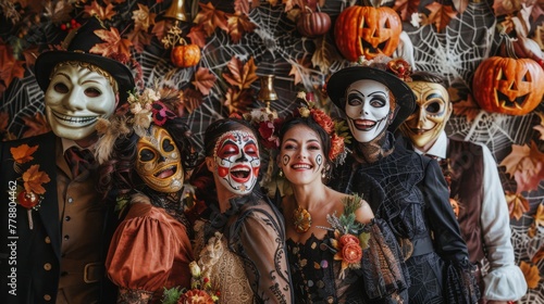 Group of people in Day of the Dead masks celebrating, surrounded by autumn leaves.