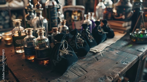 Rustic potions and spells setup, perfect for Halloween, fantasy, and themed events.