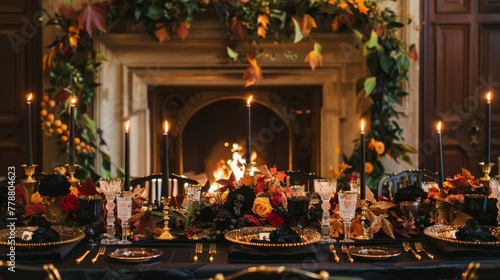 Halloween feast setting with fireplace and autumn leaves, ideal for seasonal event design. © mashimara