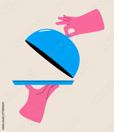 Open tray cloche in hand. Restaurant plate in waiter hand. Food serving tray for cafe. Colorful vector illustration