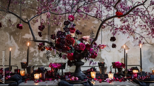 Whimsical Halloween table decor with candles and roses  ideal for a magical themed event.