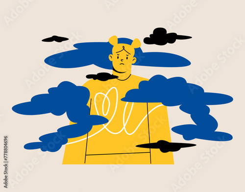 Woman stands in smoke. Concept environmental problems caused by forest fires. Colorful vector illustration