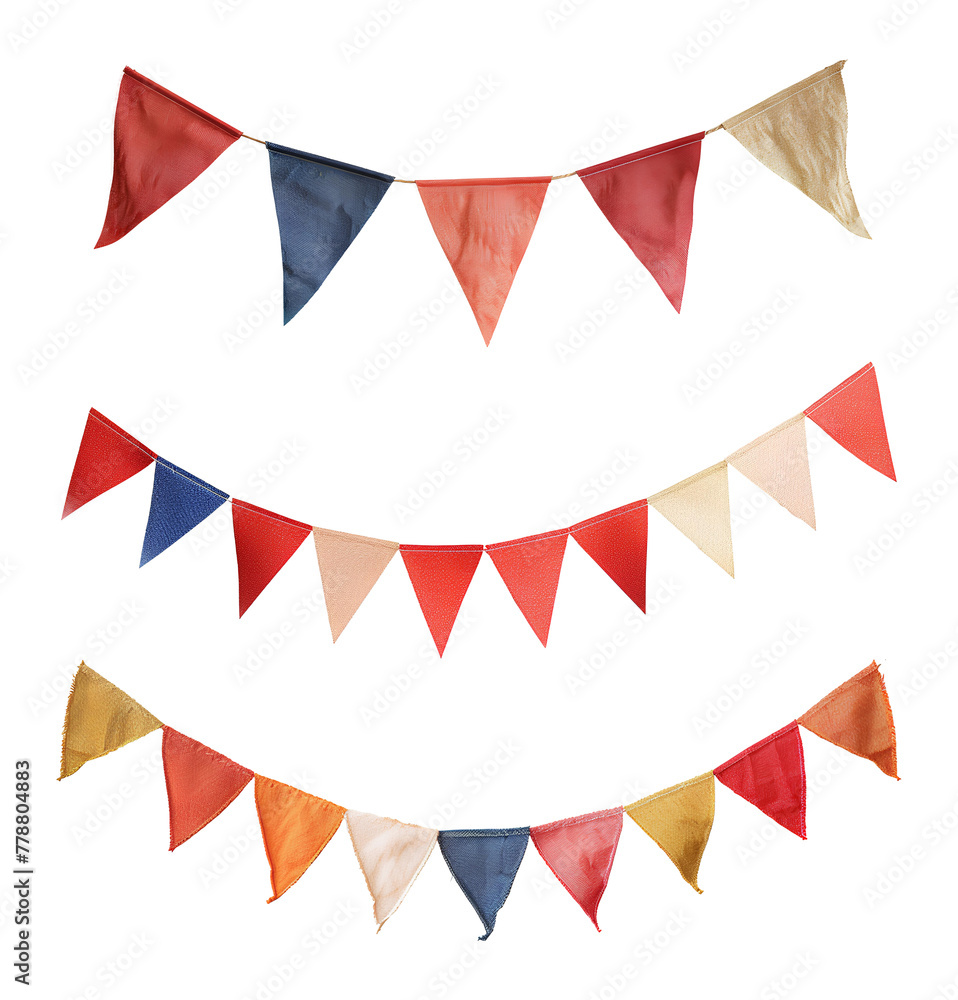 Fototapeta premium Flag garland set PNG. Party flag garland PNG. Colorful flag garland for birthday parties and other celebrations PNG. Colorful knitted party flags on a string PNG
