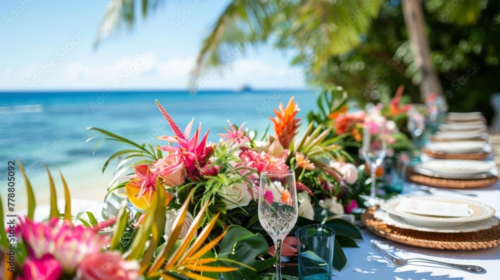 Beachside table with vibrant floral centerpiece, perfect for event planning and tropical decor.