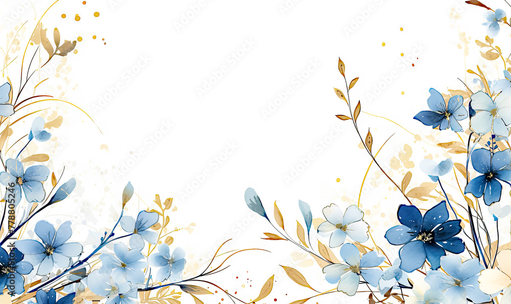 Watercolor Gold Blue Floral Banner Background with Copy Space