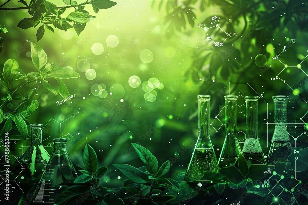 Biology laboratory of nature and science, plants with biochemical structure and chemical formula on green background. generative ai - obrazy, fototapety, plakaty 