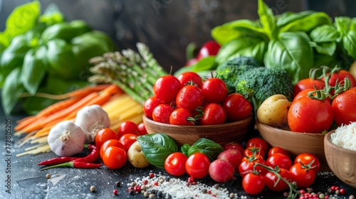  A colorful arrangement of fruit and vegetable bowls on a table