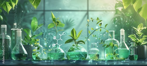 Biology laboratory of nature and science, plants with biochemical structure and chemical formula on green background. generative ai