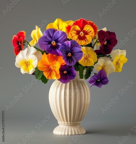   A white vase brimming with vibrant blooms resting atop a gray backdrop, surrounded by gray walls on either side