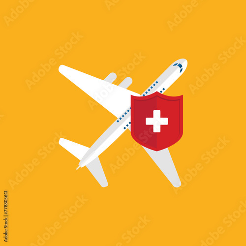 Travel insurance concept. Airplane with travel health insurance policy shield.