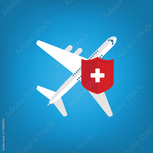 Travel insurance concept. Airplane with travel health insurance policy shield.