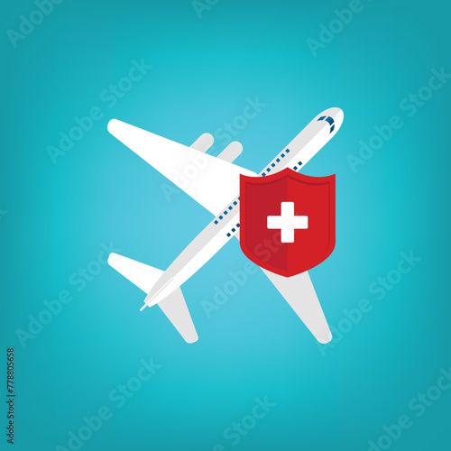 Travel insurance concept. Airplane with travel health insurance policy shield.