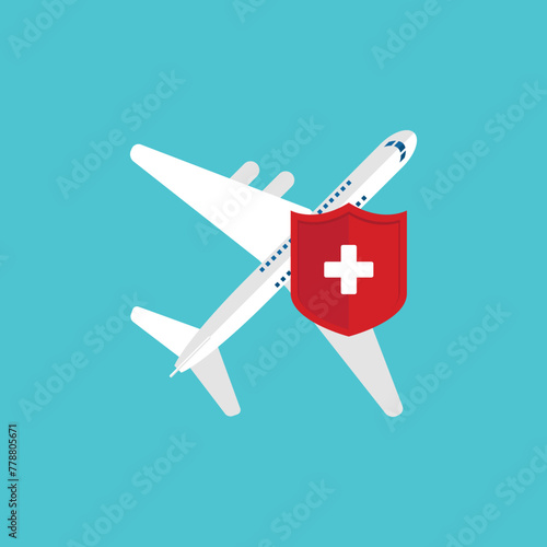 Travel insurance concept. Airplane with travel health insurance policy shield.