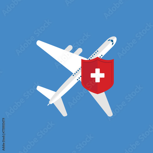 Travel insurance concept. Airplane with travel health insurance policy shield.