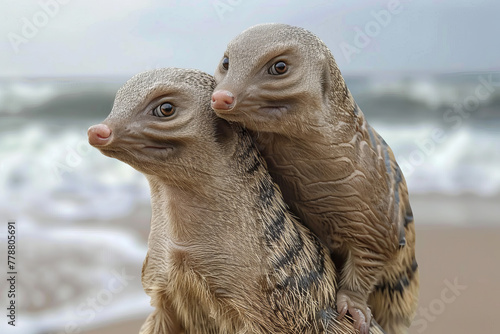 Two baby gerbils are standing on a rock near the ocean