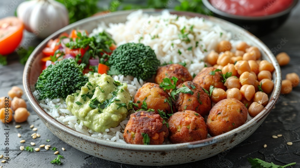A bowl of rice, broccoli, and chickpeas with garnishes A bowl of rice, broccoli, and chickpeas with garnishes