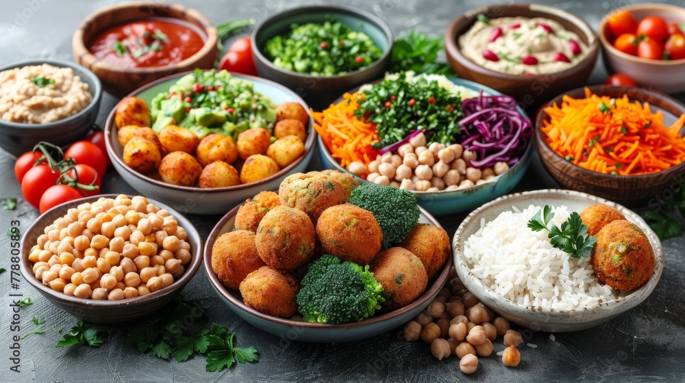  Bowls of different foods with vegetables..- Bowls filled with various dishes.  - Beans.  - Broccoli.  - Carrots.  -