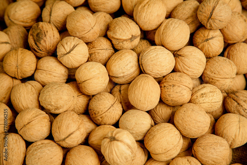 Fresh walnuts at a market stall