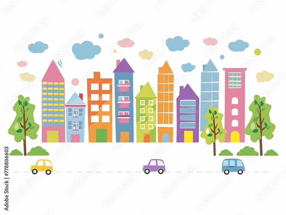 Colorful Cityscape with Playful Cars and Buildings
