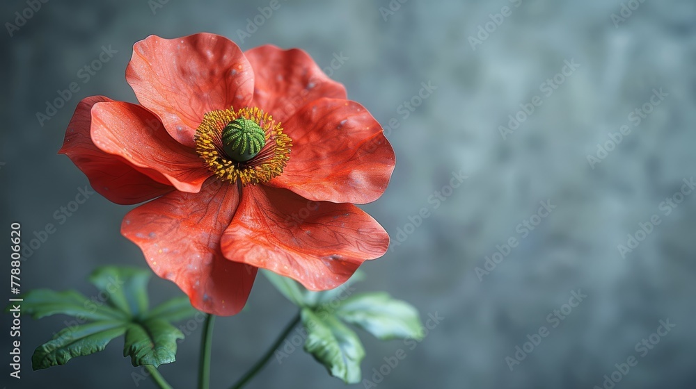 A red flower with green leaves on a gray background A red flower with green leaves on a gray background