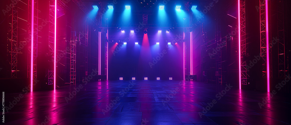 Neon futuristic scene with podium or stage, purple, blue, pink spotlights, rays, abstract shapes, glowing particles. Product presentation background. Generative ai