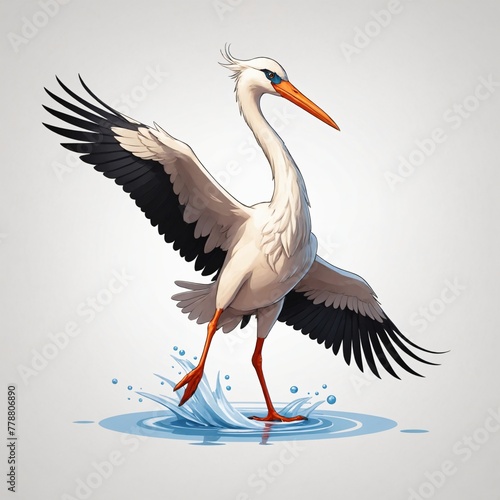 Image of a stork on a white background. wild bird, side view, logo. generative AI