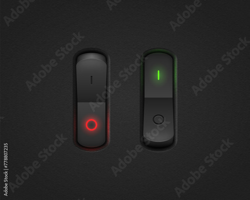Realistic toggle switch. Black switches with backlight, on off - position. Vector illustration.