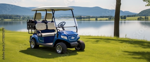 Glide through a stunning golf course aboard a sleek golf cart, surrounded by lush greenery and scenic beauty.