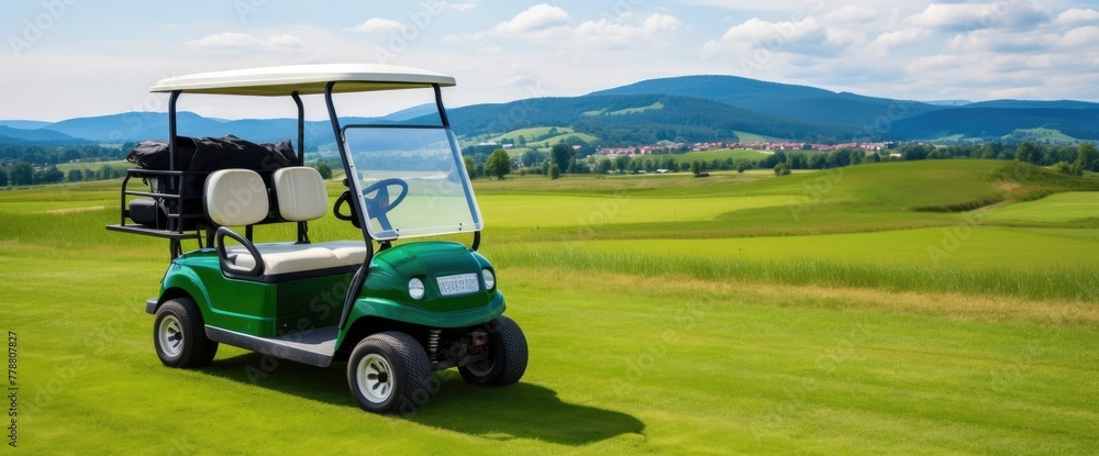 Glide through a stunning golf course aboard a sleek golf cart, surrounded by lush greenery and scenic beauty.
