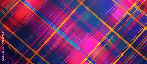 A vibrant closeup of a colorful tartan plaid pattern with tints and shades of azure, purple, violet, and electric blue on a blue background