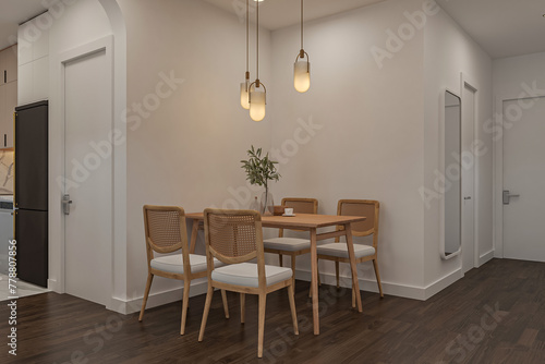 Classic dining room with wooden table and chairs, parquet floor, located next to the kitchen and foyer area. © CGI