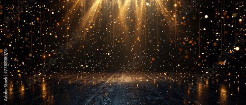Black shimmer scene with podium, stage, pedestal, golden spotlights, rays, lights, sparkles. Shiny, glowing abstract background. Product presentation background. Showcase. Generative ai