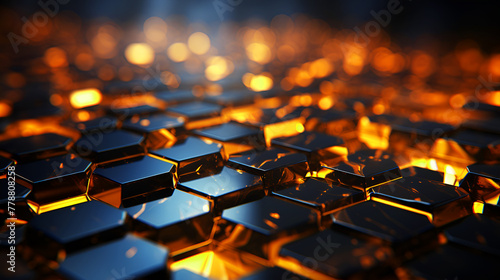 Abstract 3d rendering acrylic of golden hexagons with glowing golden lights backgroundd