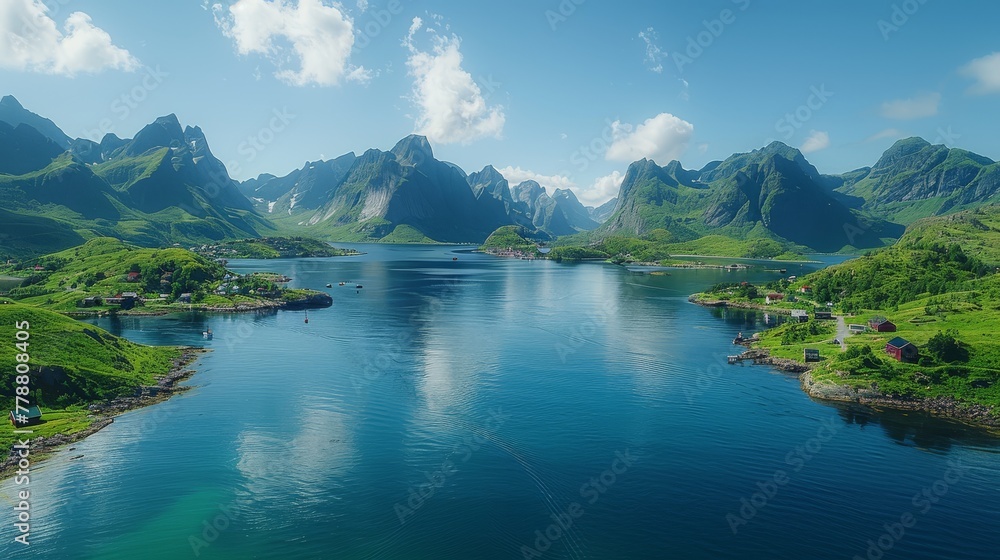 Green mountains surround a large body of water, while a small town lies across it A boat floats in the center Green mountains surround a large body of water, while a small town lies across it A boat floats in the center