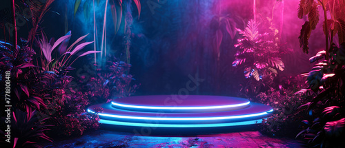 Neon futuristic round scene, podium or stage with spotlights, rays, glowing neon tropical leaf, steam. Surreal abstract showcase. Product presentation background. Generative ai