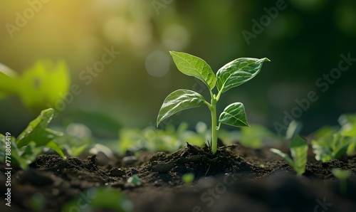 The Sapling are growing from the soil with sunlight in the garden, Young plant in the morning light on ground backgroundSave world concept.