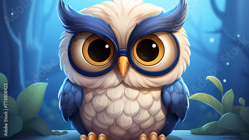 A cute and wise cartoon owl logo icon with large, round eyes and glasses.