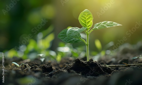 The Sapling are growing from the soil with sunlight in the garden, Young plant in the morning light on ground backgroundSave world concept.