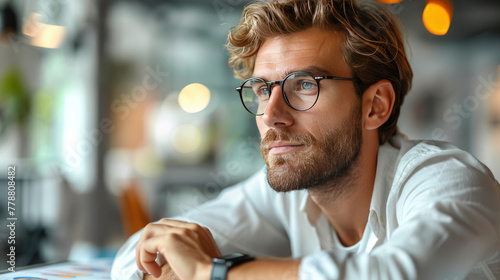 Man With Glasses Sitting at Table photo