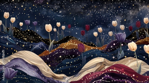 An otherworldly vista where tulips rise amidst cosmic waves, stardust strewn across the sky, creating a tranquil yet vibrant celestial garden.