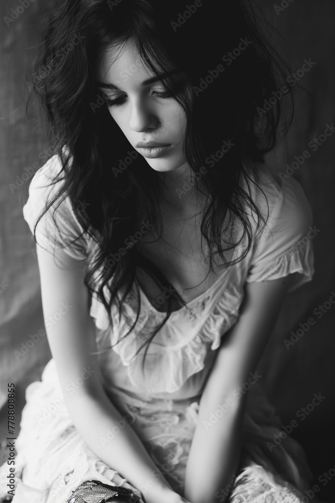 A woman with long hair is sitting on a couch A woman with long hair is sitting on a couch