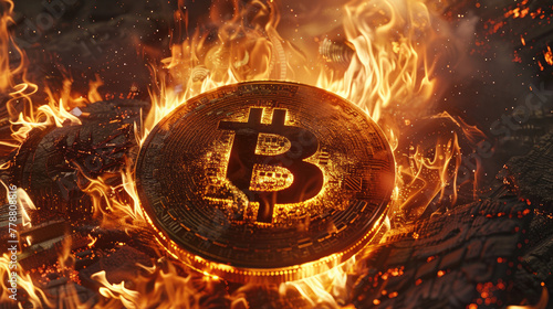 Burning Bitcoin, Digital Artwork Depicting Crypto in Flames