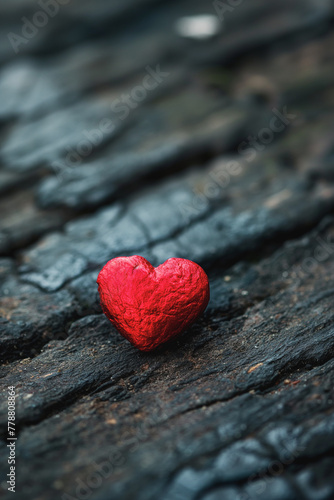 A red heart is sitting on a rock