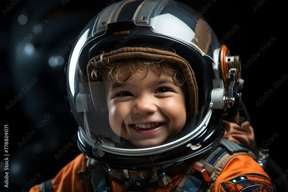Kid Dressed  Astronaut Pointing to Promotional Space Against Black Backdrop.