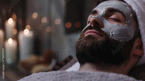 Cosmetician applying clay facial mask on young man face. Skincare in a beauty salon. Man getting facial nourishing mask by beautician at spa salon, closeup. Apply face mask, spa beauty treatment photo