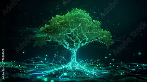 Digitally Generated Tree with Luminous Leaves on Dark Background
