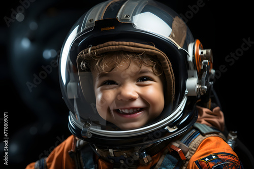 Kid Dressed  Astronaut Pointing to Promotional Space Against Black Backdrop. © ShadowHero
